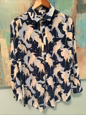 Tyler Boe 100% Silk Crane Bird Print Convertible Roll Tab Blouse Small